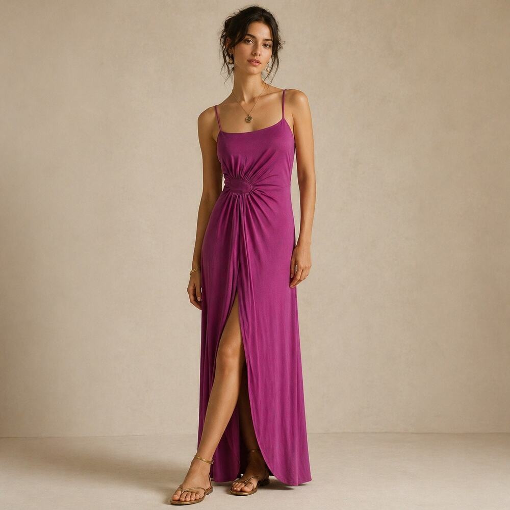 Vintage 70s Judy Caliendo Fuchsia Maxi Dress Slit Boho Slinky XS/S
